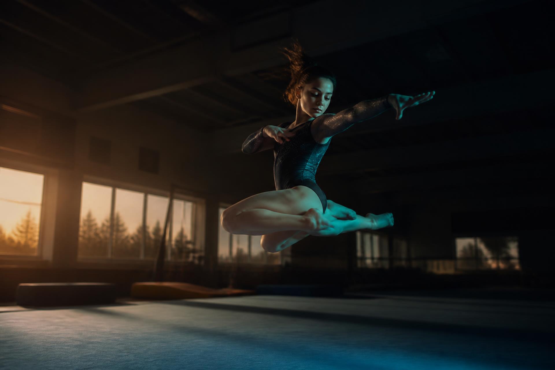 A gymnast in mid-air above the spring floor at Infiniti Elite Gymnastics